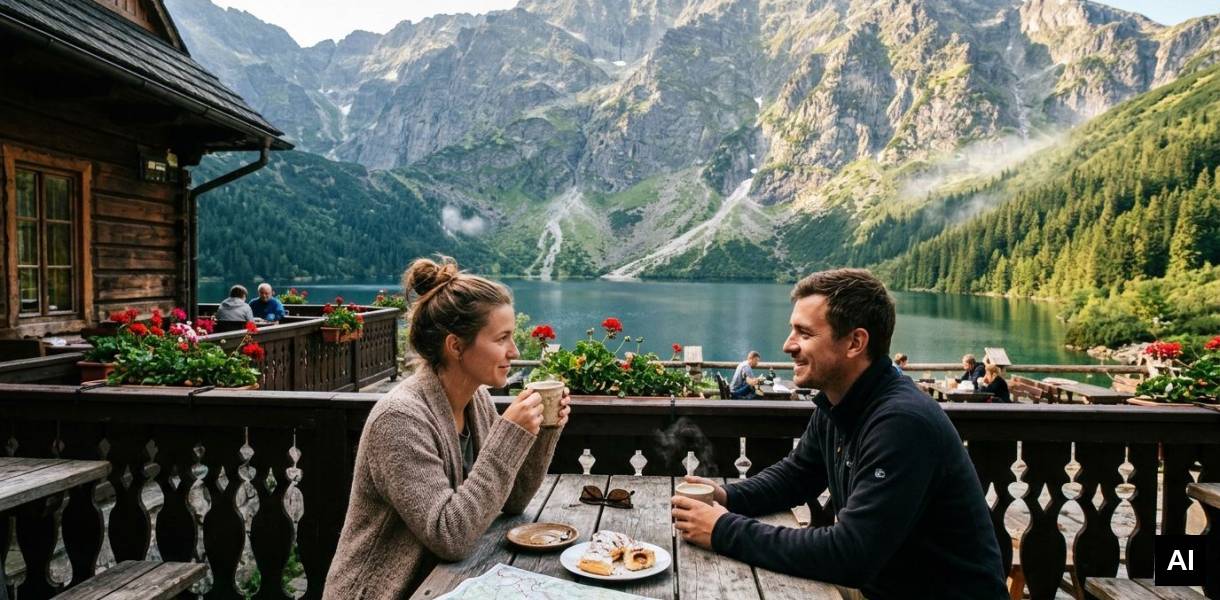 Couple enjoying coffee on terrace