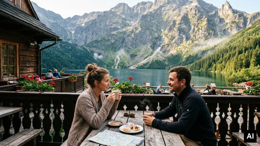 Couple enjoying coffee on terrace