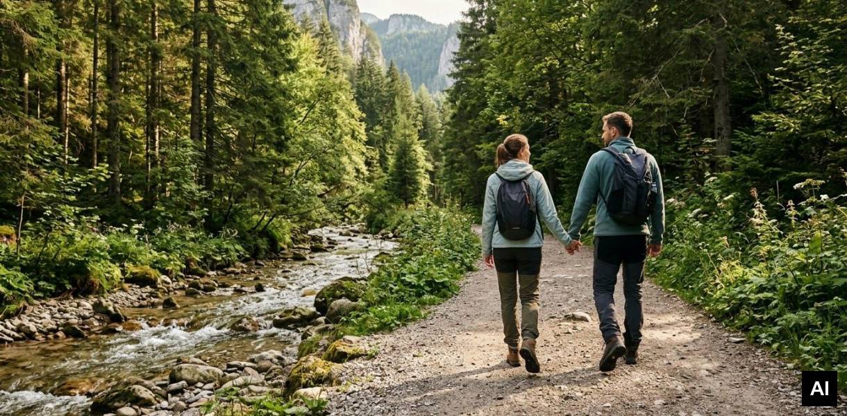 Couple hiking along path