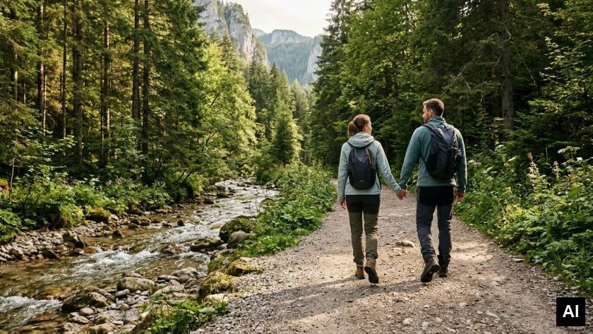 Couple hiking along path