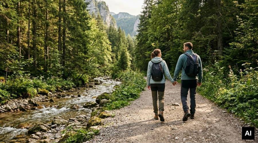 Couple hiking along path