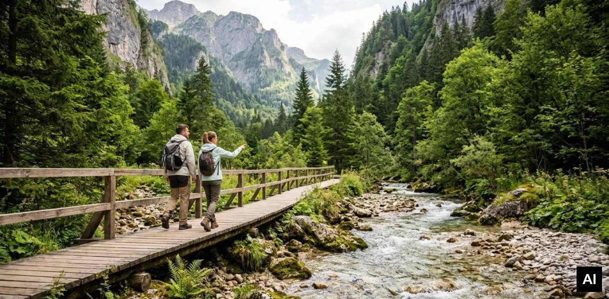 Couple hiking on mountain trail