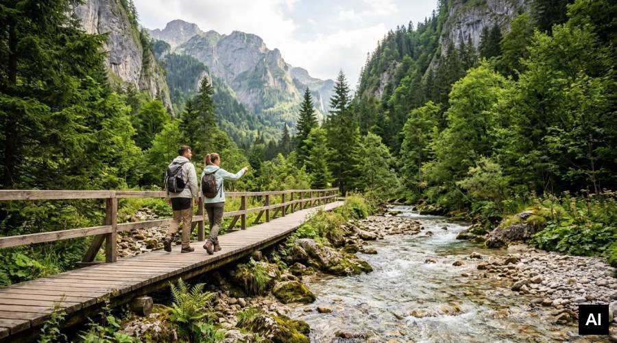Couple hiking on mountain trail