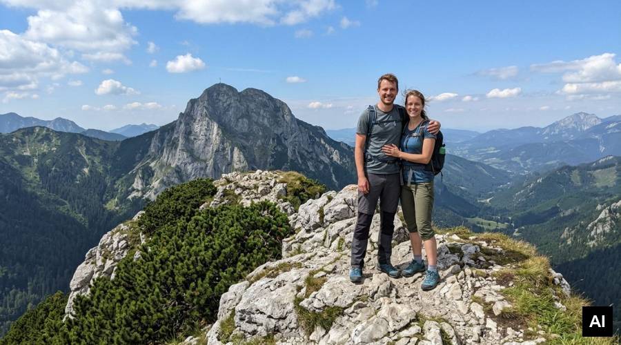 Couple posing on mountain peak