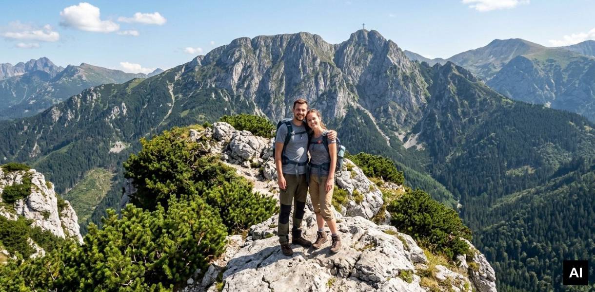 Couple posing on mountain peak