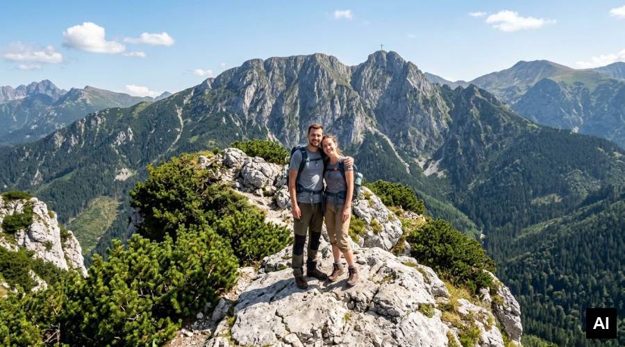 Couple posing on mountain peak