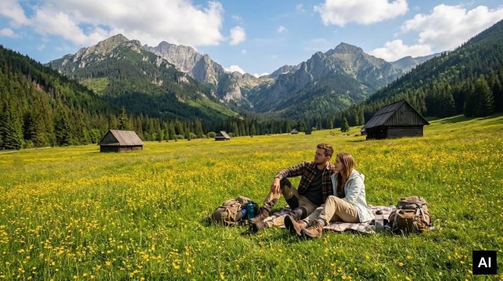 Couple resting in grassy meadow