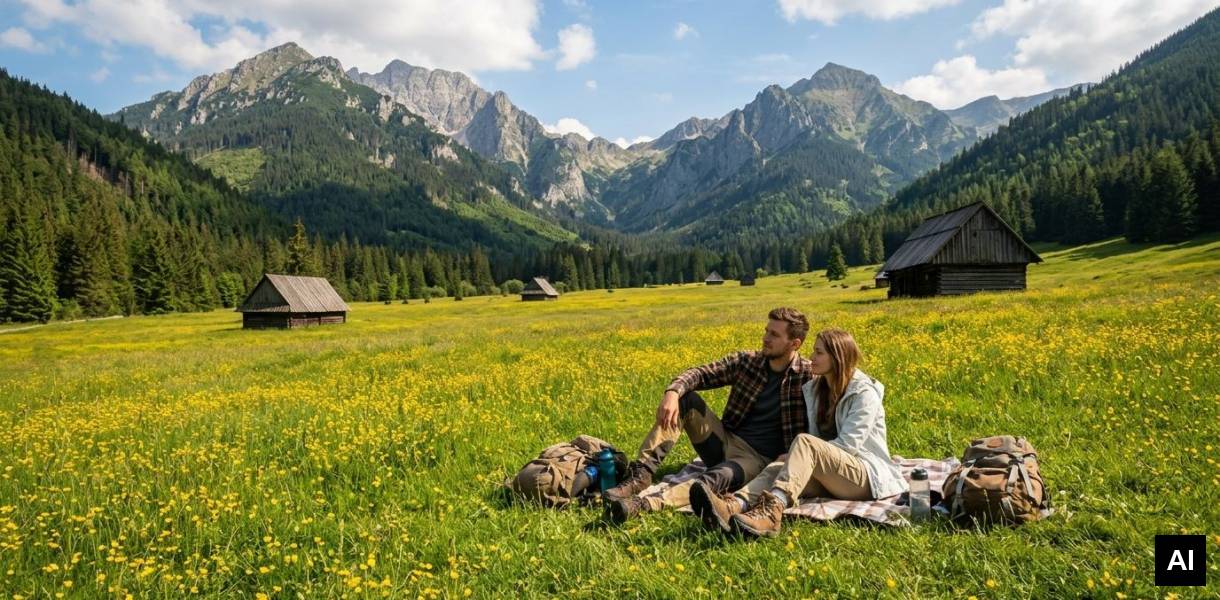 Couple resting in grassy meadow