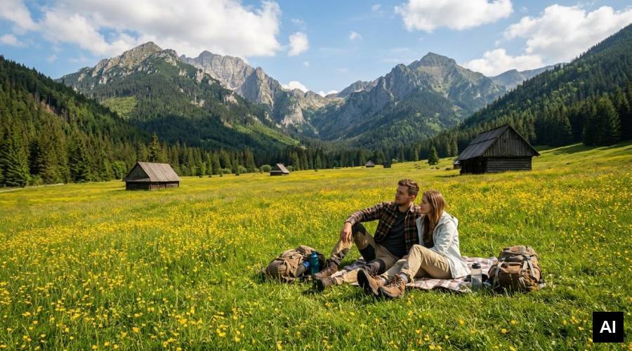 Couple resting in grassy meadow