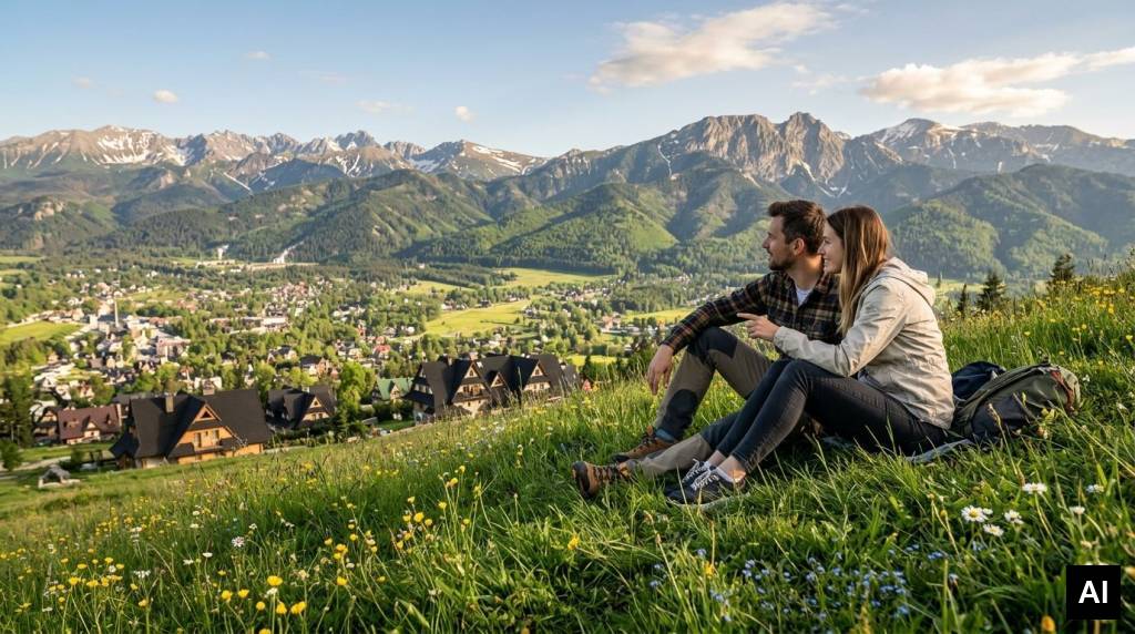 Couple resting on grassy hill