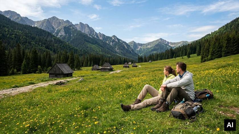 Couple resting on grassy meadow