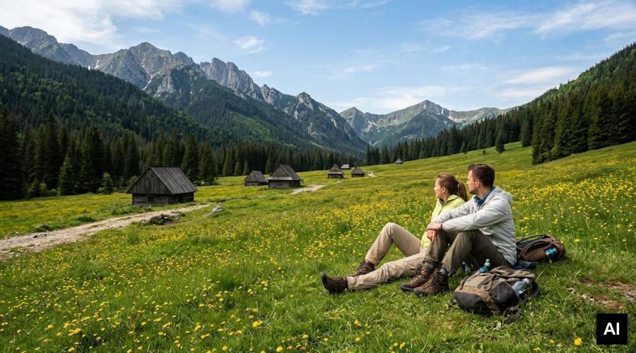 Couple resting on grassy meadow
