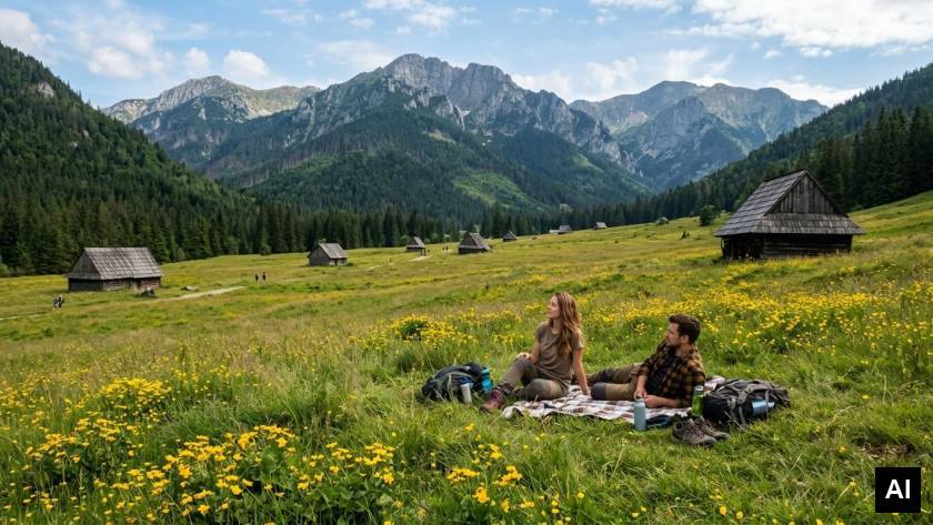 Couple resting on grassy meadow
