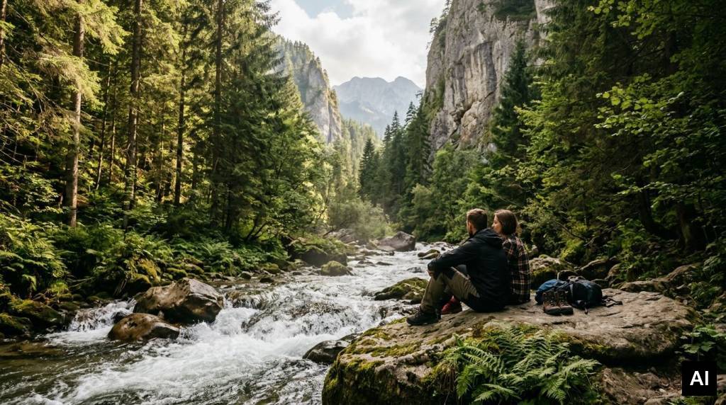 Couple sitting by mountain stream