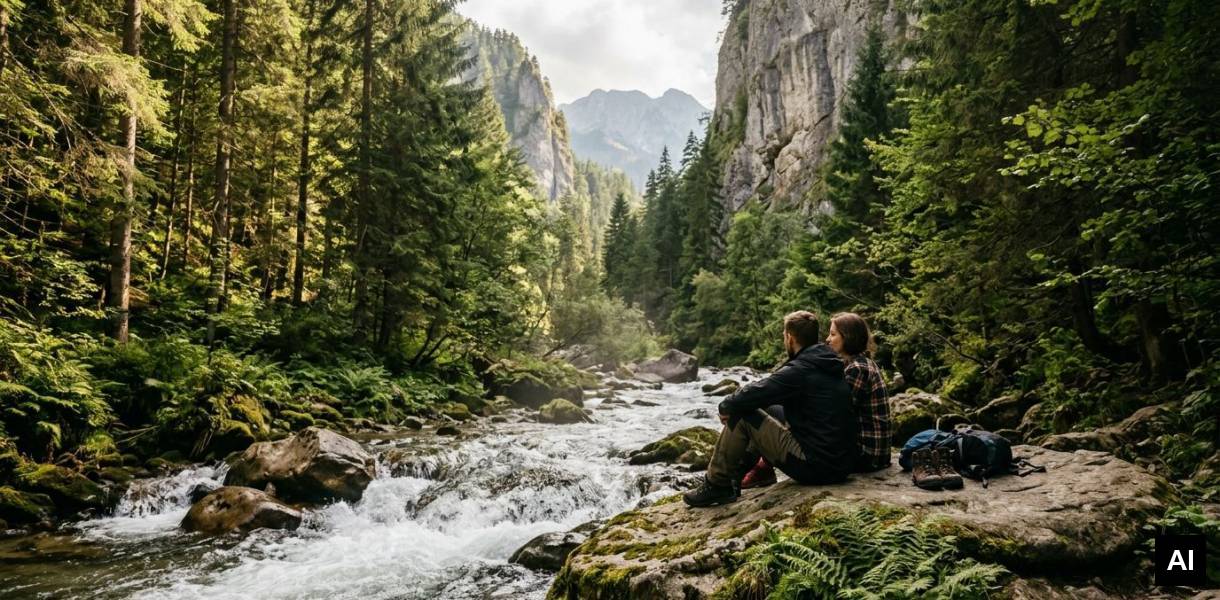Couple sitting by mountain stream