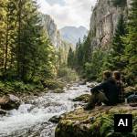 Couple sitting by mountain stream