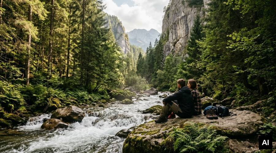 Couple sitting by mountain stream