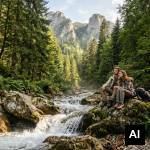 Couple sitting near mountain stream