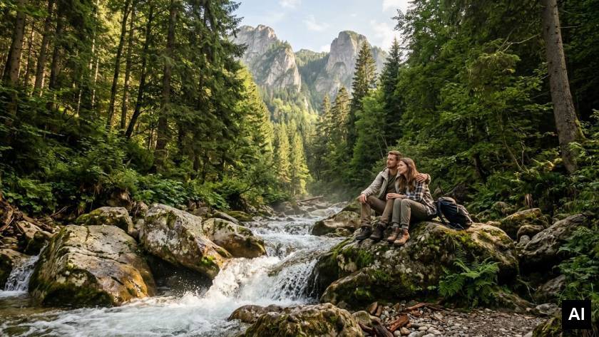 Couple sitting near mountain stream
