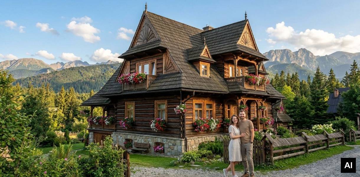 Couple standing before wooden villa
