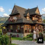 Couple standing before wooden villa