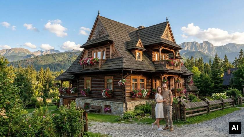 Couple standing before wooden villa