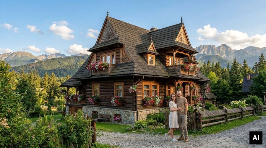 Couple standing before wooden villa