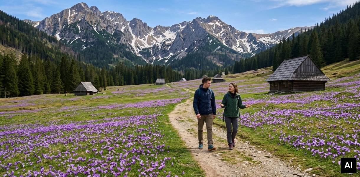 Couple walking among blooming cr