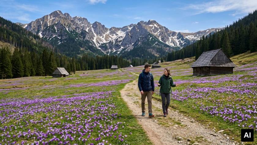 Couple walking among blooming cr