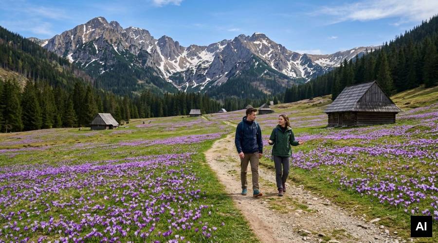 Couple walking among blooming cr
