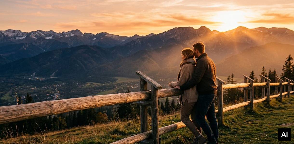 Couple watching sunset over moun