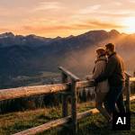 Couple watching sunset over moun