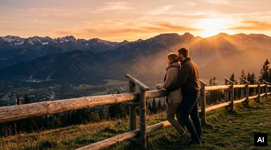 Couple watching sunset over moun