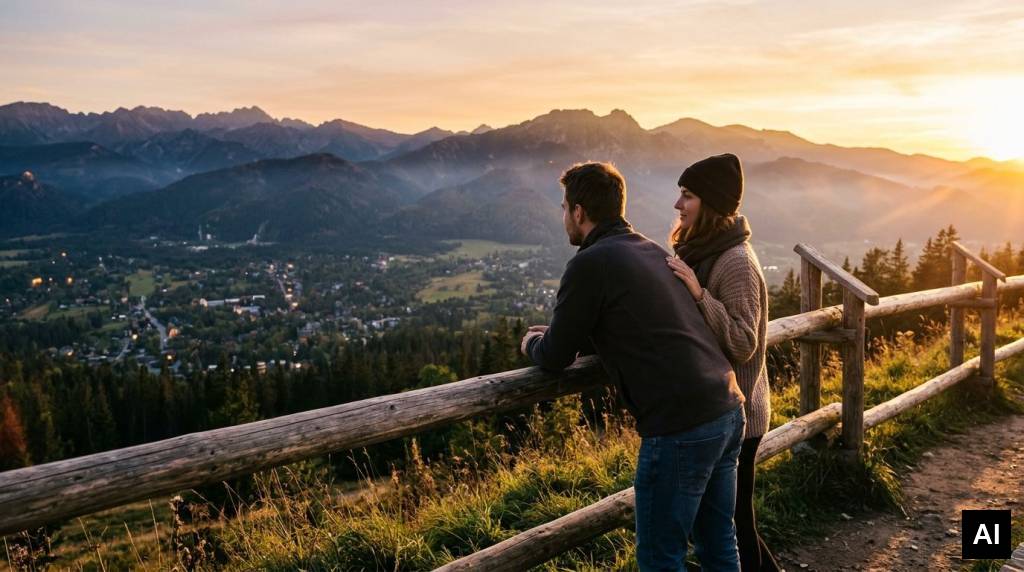 Couple watching sunset over moun