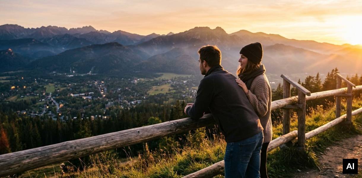 Couple watching sunset over moun