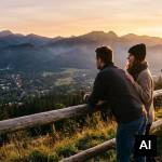 Couple watching sunset over moun