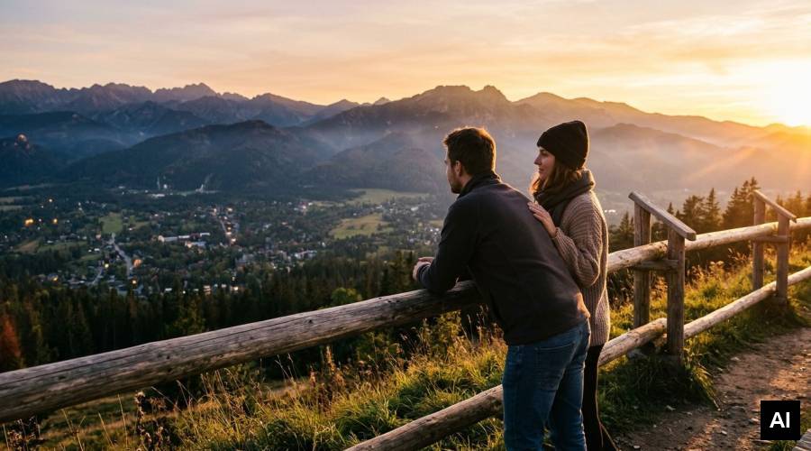 Couple watching sunset over moun