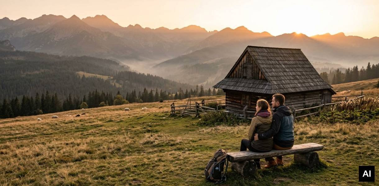 Couple watching sunset over valley