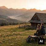 Couple watching sunset over valley