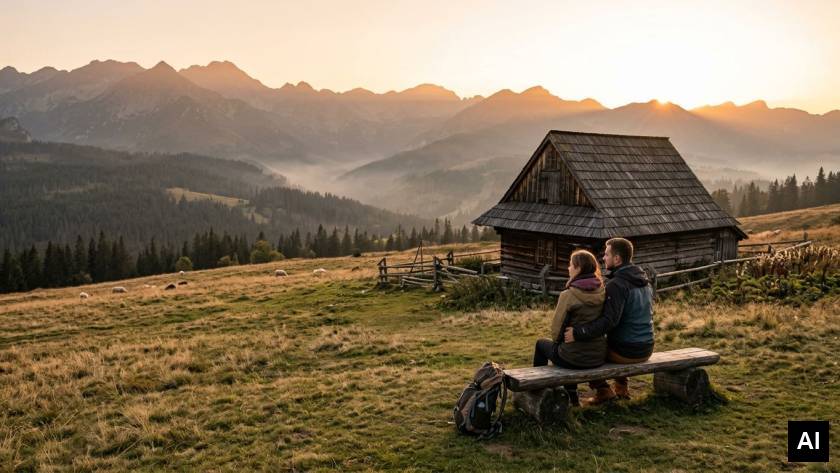 Couple watching sunset over valley