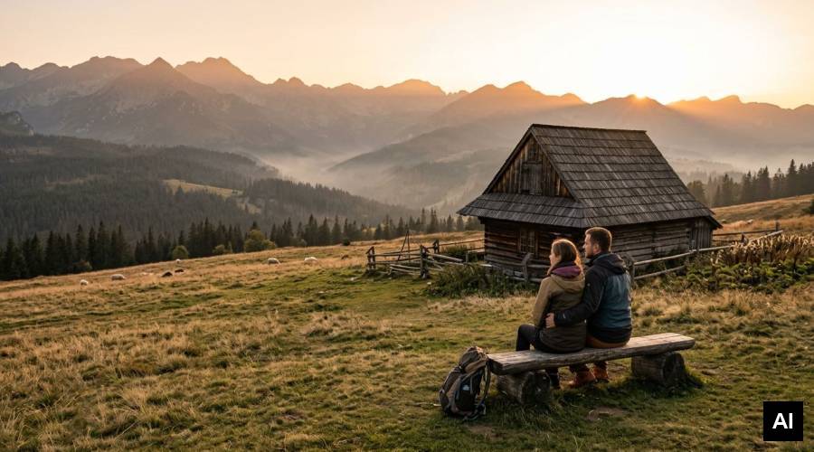 Couple watching sunset over valley