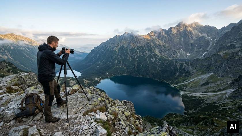 Fotograf nad polodowcowym jeziorem