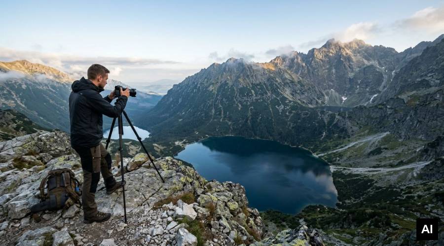 Fotograf nad polodowcowym jeziorem
