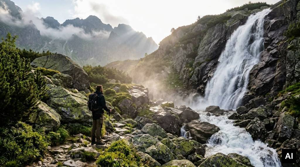 Hiker admiring waterfall