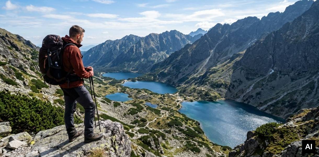 Hiker overlooking alpine lakes