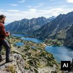 Hiker overlooking alpine lakes