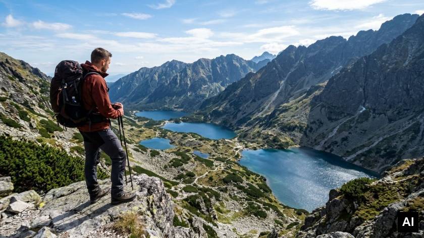 Hiker overlooking alpine lakes