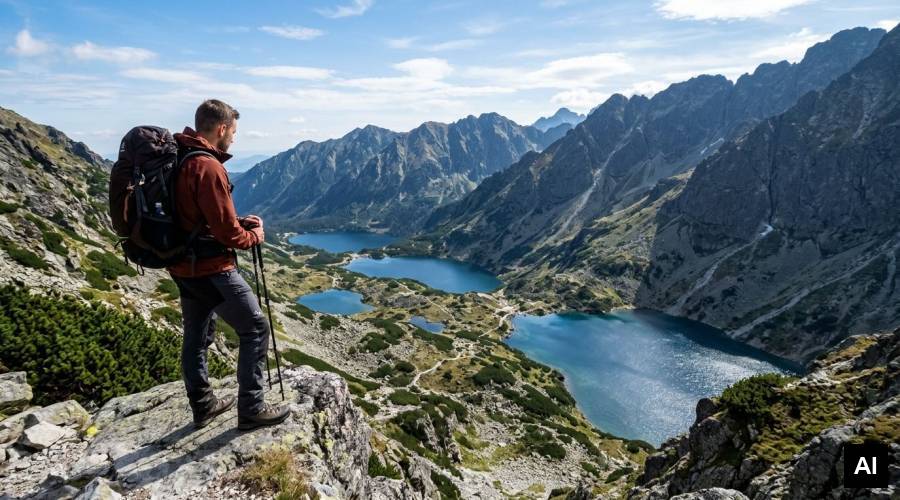 Hiker overlooking alpine lakes