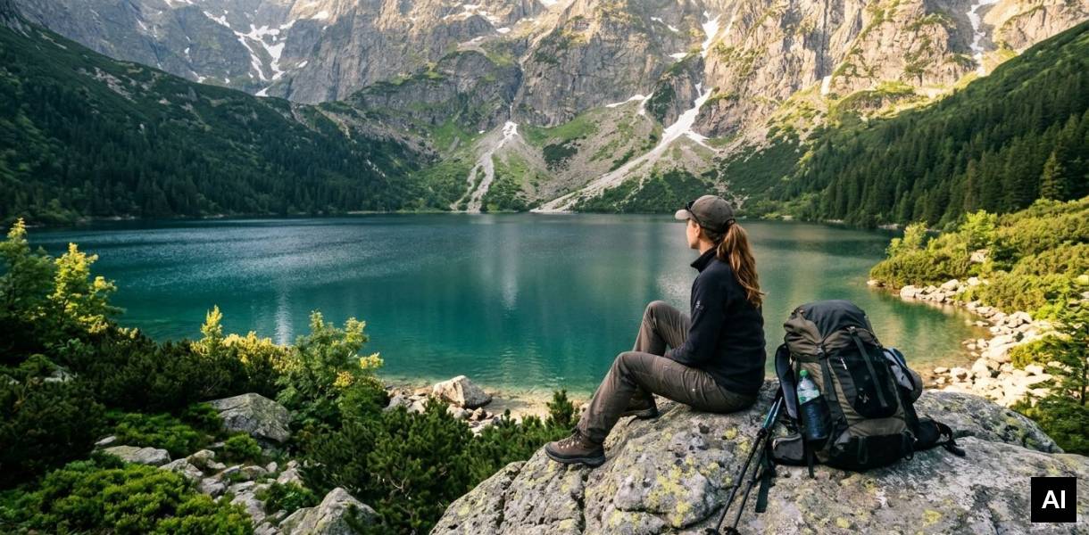 Hiker resting at alpine lake