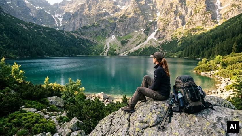 Hiker resting at alpine lake